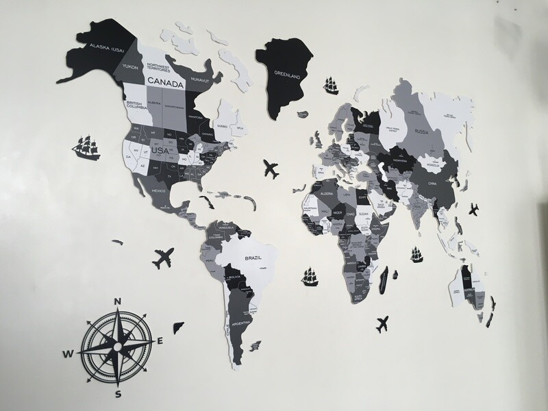 2D COLOUR [GREY SCALE] WORLD MAP - WALL DECOR