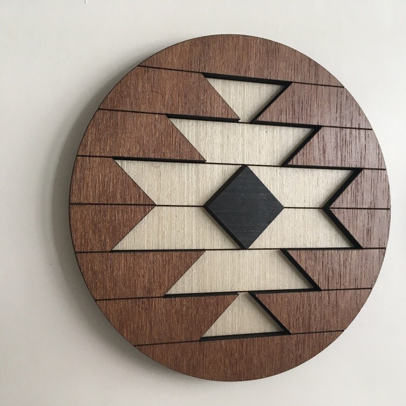 Aztec Geometric Wood Wall Art – Brown Round 2