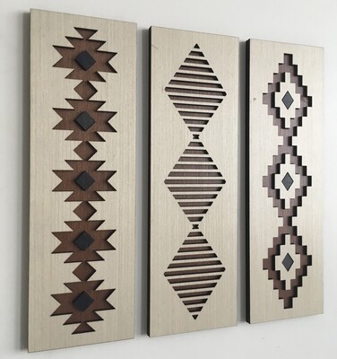 AZTEC GEOMETRIC WOOD WALL ART (Set of 3) - Macrame Wall Hanging - Boho Wood Art - Rectangle Wooden Wall Art - Modern Wood Art - Rectangle Fiber Art - Boho Nursery