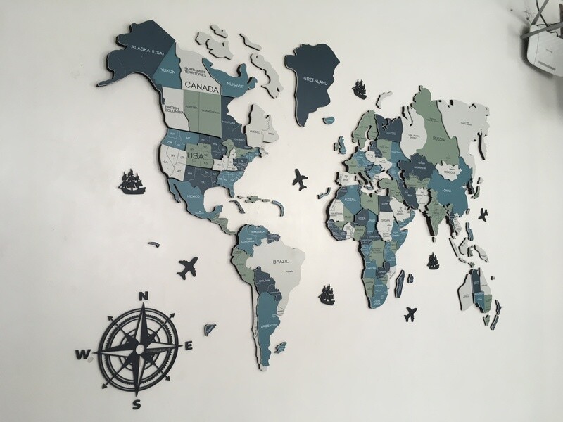 3D COLOUR [AQUA GREEN] WORLD MAP - PREMIUM WALL DECOR