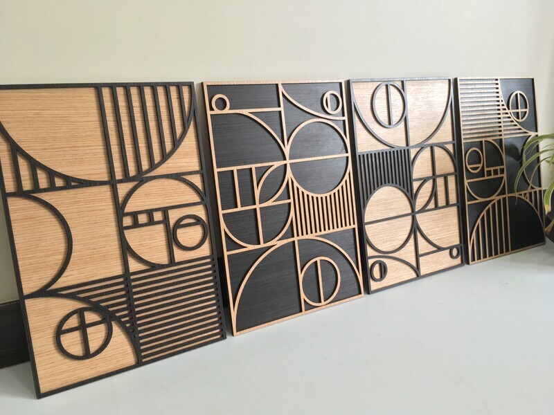 BAUHAUS WOOD WALL ART (Set of 2) (Set of 4) - Modern Wood Art - Minimal - Charcoal black &amp; white collection - House Warming Gift