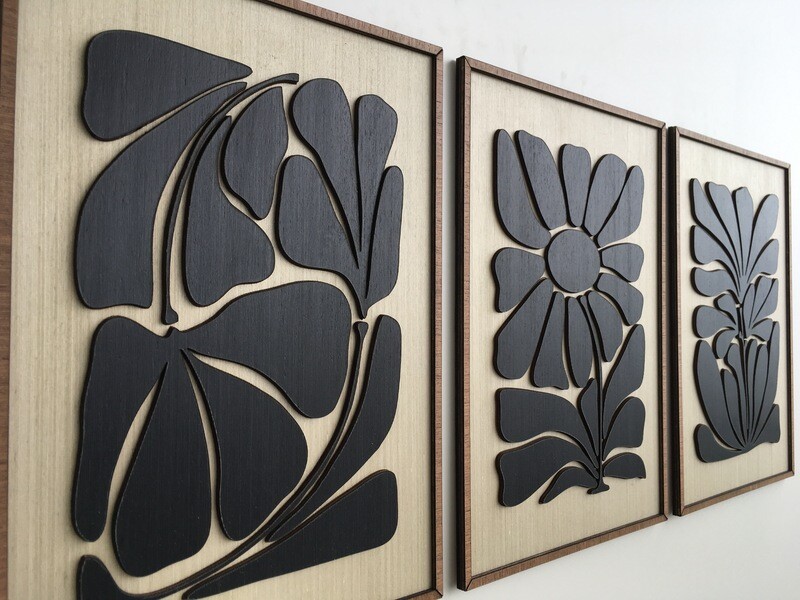 TROPICAL LEAF WOOD WALL ART - Mid Century Modern wall art - Boho Room - Leafy Art - Minimal - Black and white Collection (Set of 3)