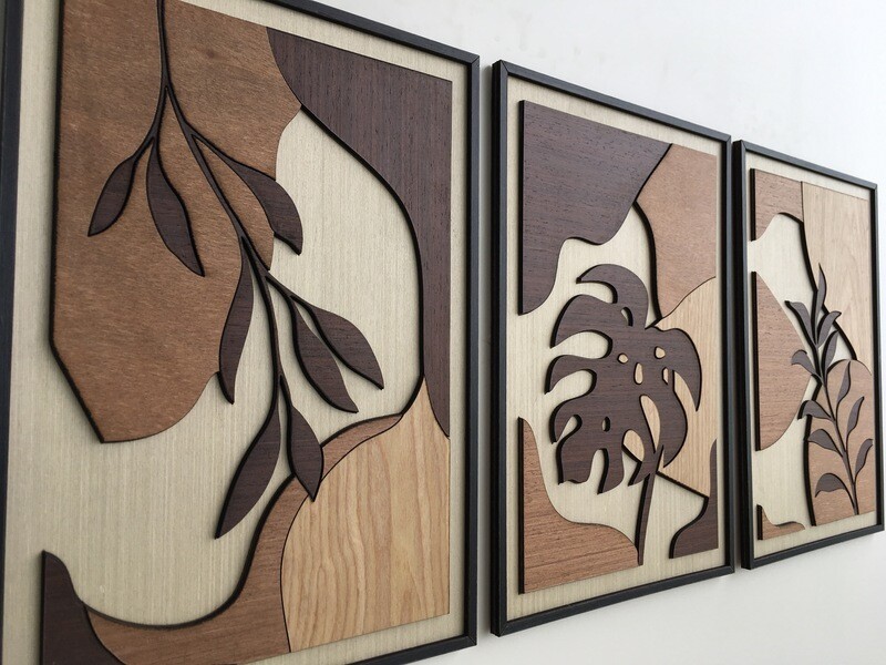 TROPICAL LEAF WOOD WALL ART - Mid Century Modern wall art - Boho Room - Leafy Art - Minimal - Multicolor Wood Collection (Set of 3)