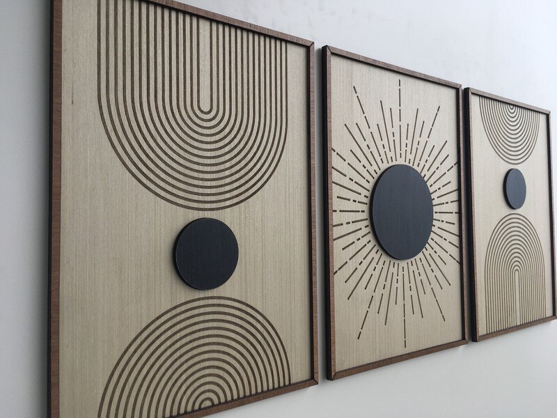 SUN AND MOON WALL ART - Mid Century Modern Wood Art - Bauhaus Boho wall art - Minimal - Black and white Collection (Set of 3) (Set of 2)