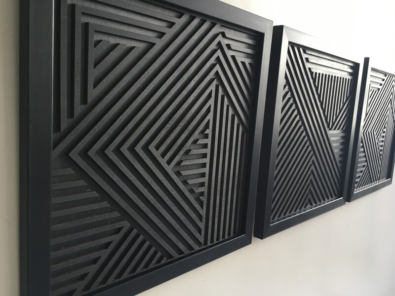 GEOMETRIC WOOD WALL ART (Set of 3) - Modern Wood Art - Minimal - Charcoal black collection (WITH FRAME)