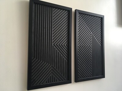 GEOMETRIC WOOD WALL ART (Set of 2) - Modern Wood Art - Minimal - Charcoal black collection (WITH FRAME)