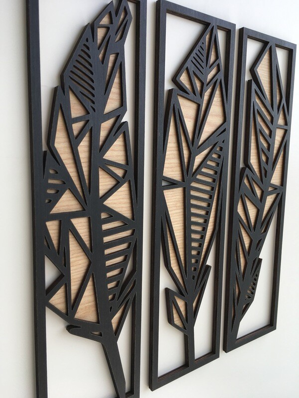 GEOMETRIC LEAF WALL ART (Set of 3) - Macrame Wall Hanging - Boho Wood Art - Rectangle Wooden Wall Art - Modern Wood Art - Minimal