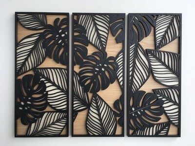 Monstera &amp; Leaves Wood Wall Art – Set of 3