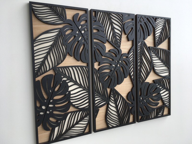 MONSTERA AND LEAVES WALL ART - Tropical Leaf - Botanical Plant Wall Decor - Tree Art - Mid Century Modern art - Boho Room (Set of 3)