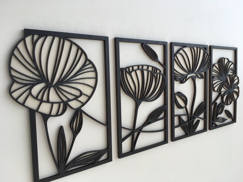 MULTI LEAVES WOOD WALL ART - Tropical Leaf - Botanical Plant Wall Decor - Tree Art - Mid Century Modern art - Boho Room - Black and white (Set of 4)