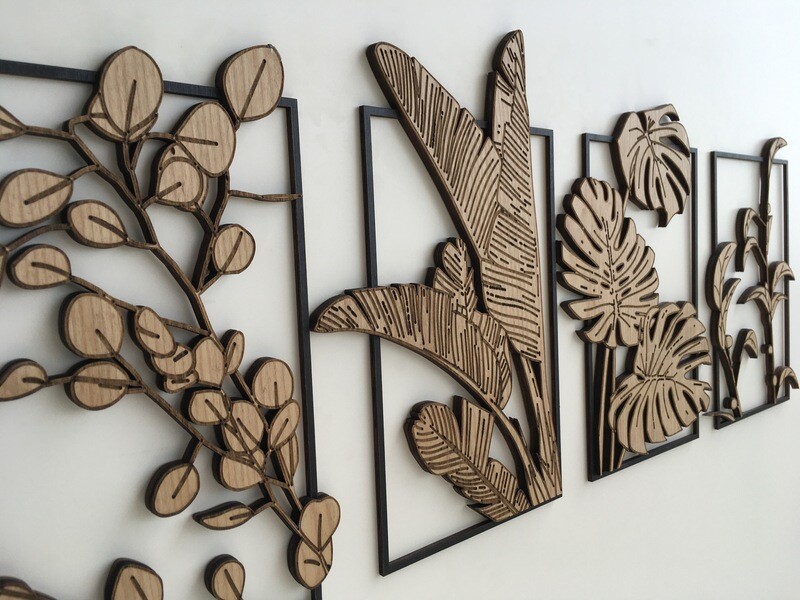 MULTI LEAVES WOOD WALL ART - Tropical Leaf - Botanical Plant Wall Decor - Tree Art - Mid Century Modern art - Boho Room (Set of 4)