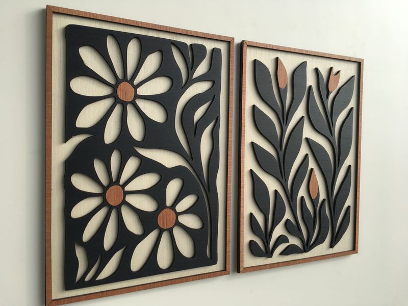 PETALS AND PATTERN WOOD WALL ART - Mid Century Modern wall art - Boho Room - Bauhaus - Minimal - Black and white Collection (Set of 2)
