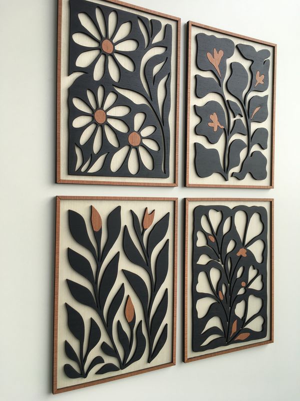 PETALS AND PATTERN WOOD WALL ART - Mid Century Modern wall art - Boho Room - Bauhaus - Minimal - Black and white Collection (Set of 4)