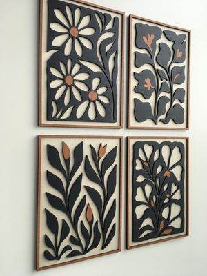 PETALS AND PATTERN WOOD WALL ART - Mid Century Modern wall art - Boho Room - Bauhaus - Minimal - Black and white Collection (Set of 4)