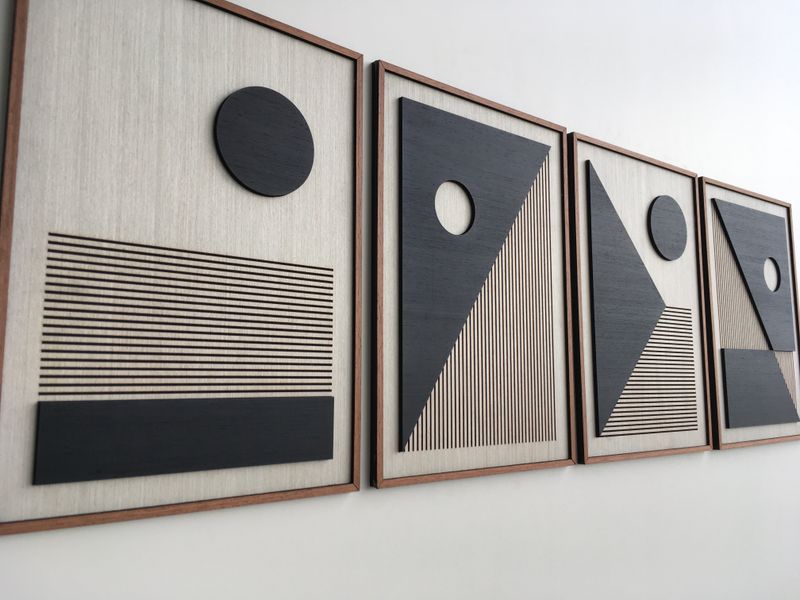 LINEAR ORBIT WOOD WALL ART - Mid Century Modern wall art - Boho Room - Bauhaus - Minimal - Black and white Collection (Set of 4)