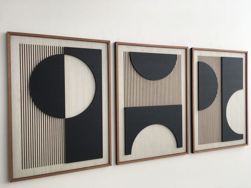 LINEAR ECLIPSE WOOD WALL ART - Mid Century Modern wall art - Boho Room - Modern Art - Minimal - Black and white Collection (Set of 3)