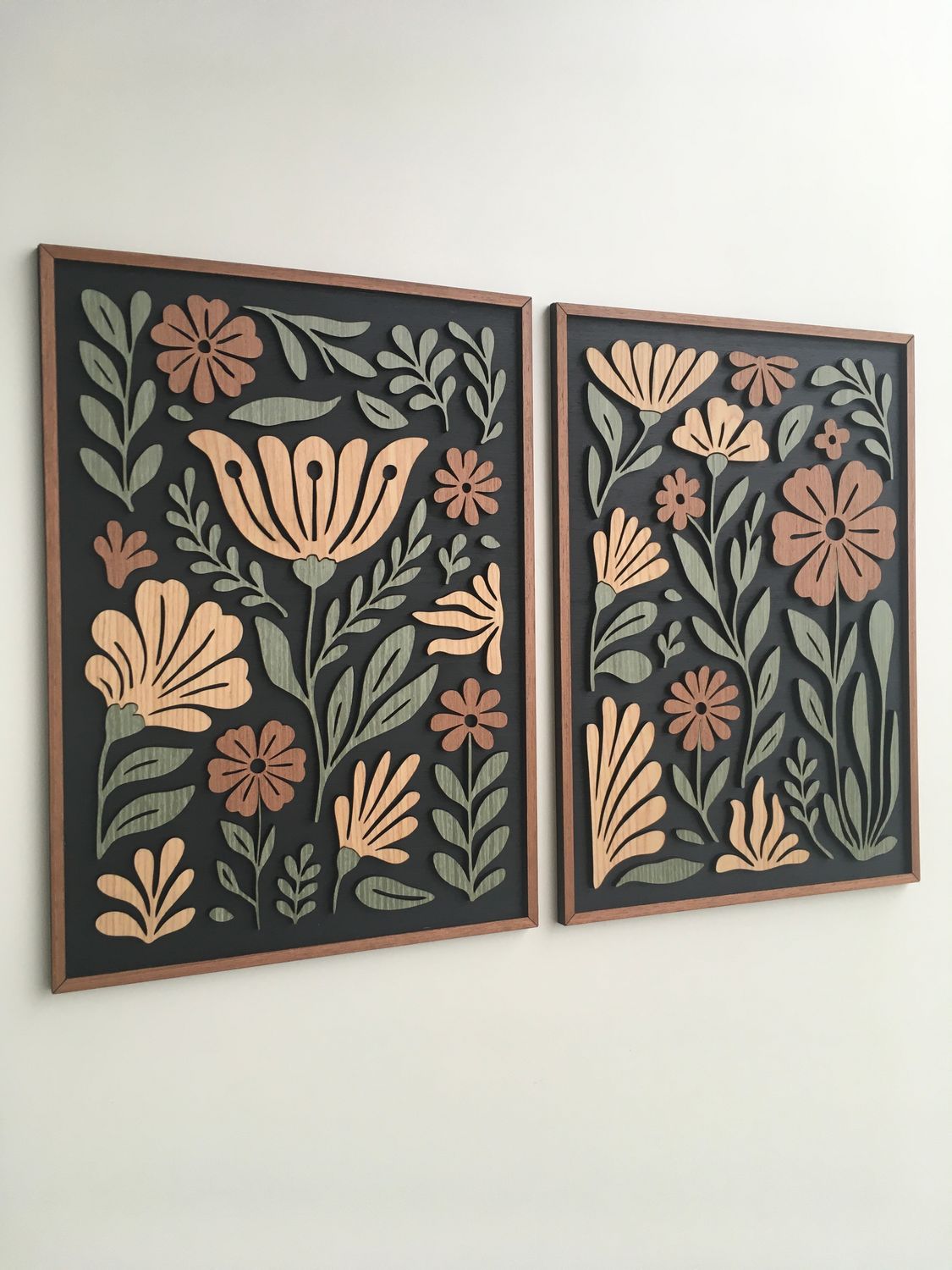 FOLK PETALS WOOD WALL ART - Botanical Plant Wall Decor - Tree Art - Mid Century Modern wall art - Boho Room - Bauhaus Art (Set of 2) Black