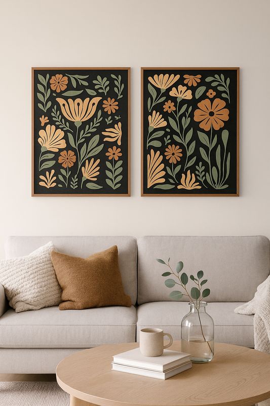 Folk Petals Wood Wall Art (Set of 2) – Black Finish