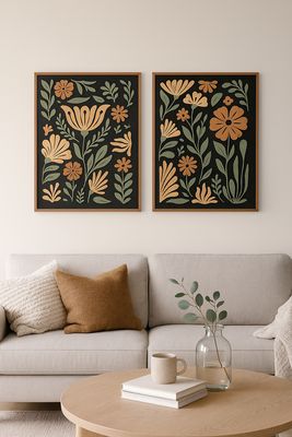 Folk Petals Wood Wall Art (Set of 2) – Black Finish
