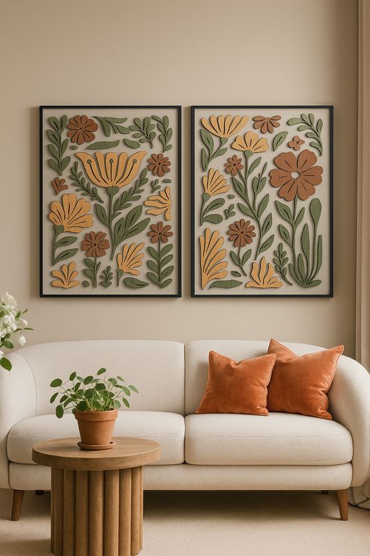 Folk Petals Wood Wall Art (Set of 2) – White Finish