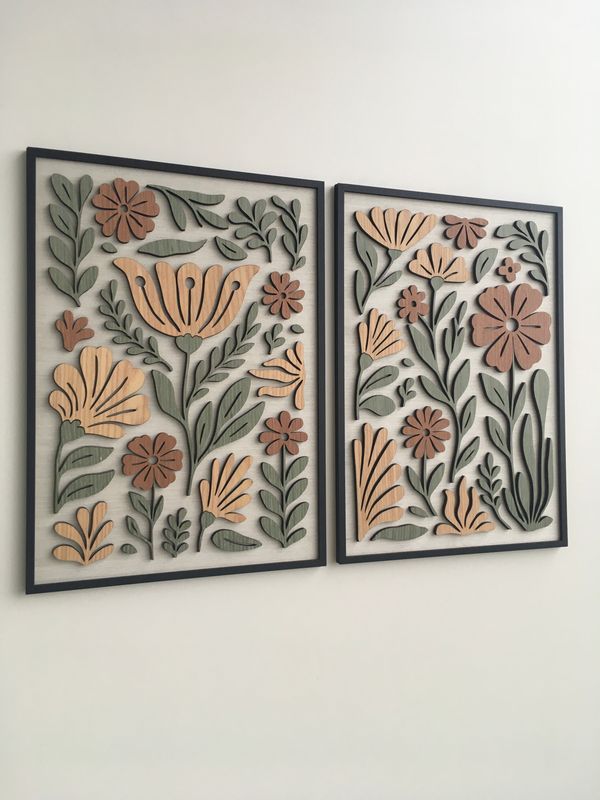 FOLK PETALS WOOD WALL ART - Botanical Plant Wall Decor - Tree Art - Mid Century Modern wall art - Boho Room - Bauhaus Art (Set of 2) White