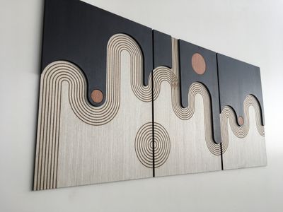BOHO WAVES WOOD WALL ART - Mid Century Modern Wood Art - Bauhaus Boho wall art - Minimal - Black and white Collection (Set of 3)(Set of 2)