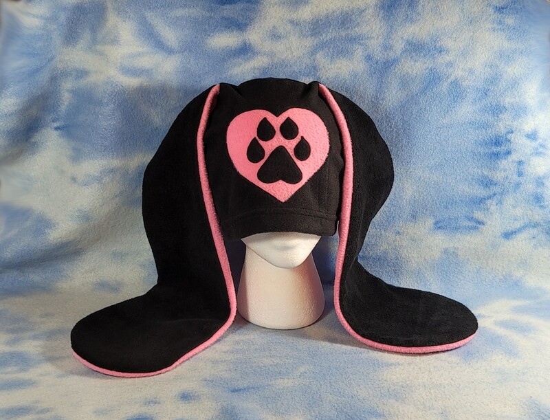Pink Pawprint Heart Bunny Hat Fleece Ears Rabbit