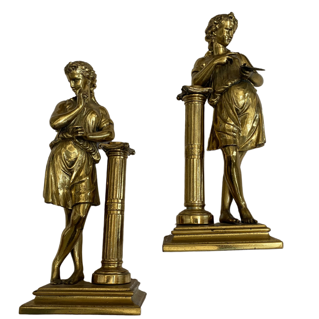 Vintage Brass Statue Set Standing Dancer & Painter with Doric Column