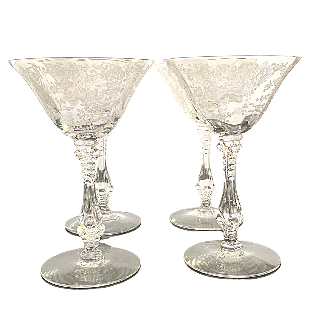 Cambridge Rose Point Clear Etched Crystal Champagne/Tall Sherbet Stemware Set of 4