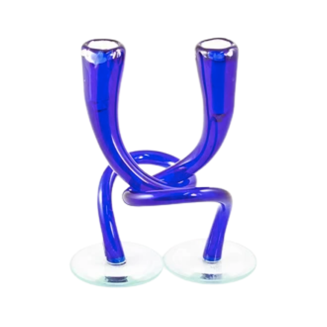 Hudson Glass Company Glass Blown Intertwined Cobalt Blue Candle Holders Set of 2