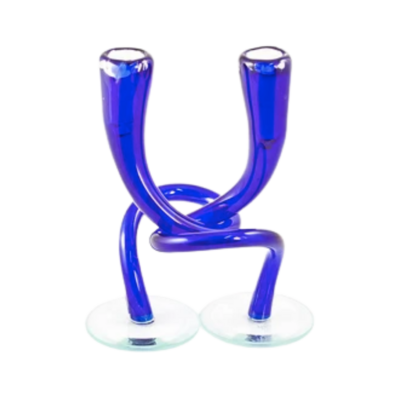 Hudson Glass Company Glass Blown Intertwined Cobalt Blue Candle Holders Set of 2