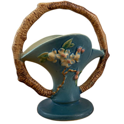 Roseville Vintage Blue Apple Blossom Basket Vase #309-8