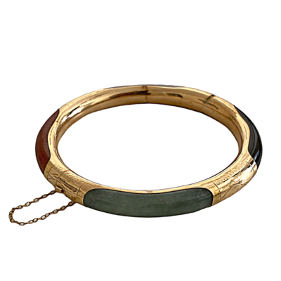 14K Gold Vintage Multicolor Jade Onyx Bangle Bracelet