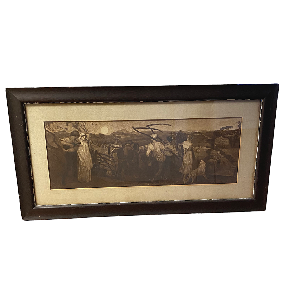 Mezzotint Continental Origin Harvest Courtship Scene Original Matting & Wood Slat Back Late 1800s Artwork