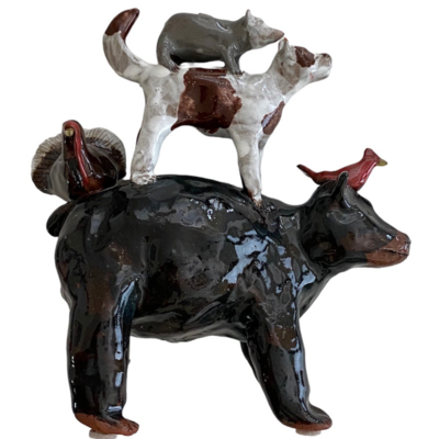 Lynn Bailey Signed Folk Art Pottery Stacked Animal Figurine