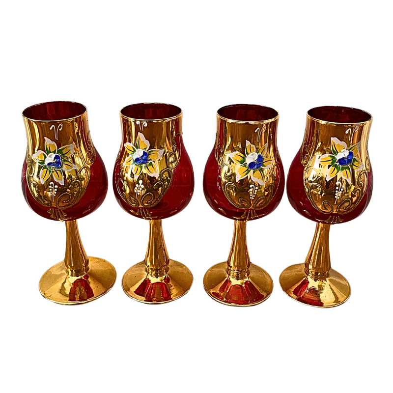 Hand Painted Cordial Glass Red &amp; Gold Set of 4