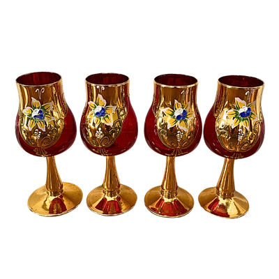 Hand Painted Cordial Glass Red &amp; Gold Set of 4