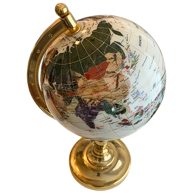 ​Rotating World Globe with Inlaid Gem Stone on a Brass Stand