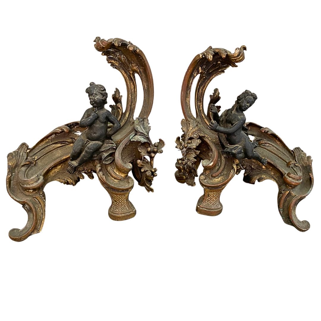 Antique Ornate Cherub Bronze Cast Iron Fireplace Andiron Set of 2