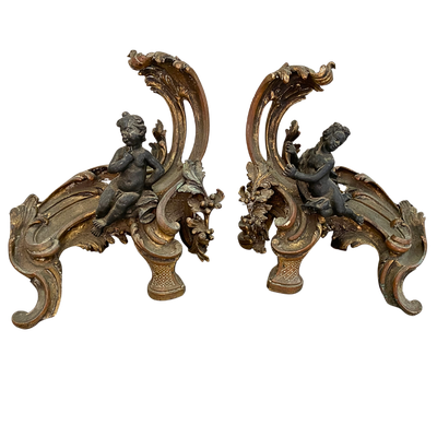 Antique Ornate Cherub Bronze Cast Iron Fireplace Andiron Set of 2