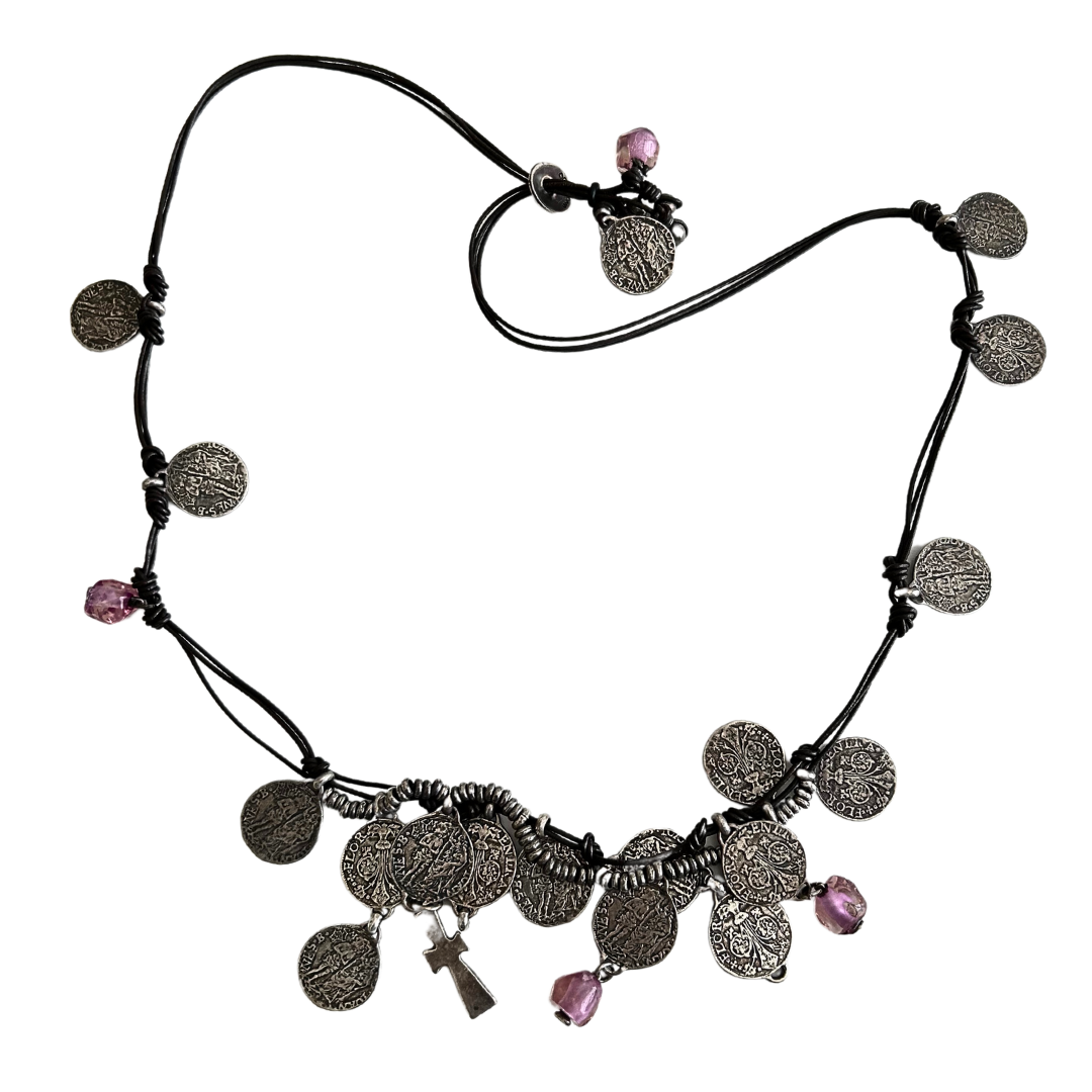 Uno De 50 Coin &amp; Knotted Leather Long Necklace