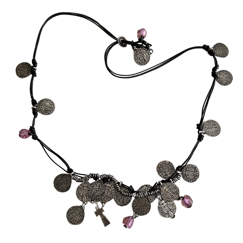 Uno De 50 Coin &amp; Knotted Leather Long Necklace