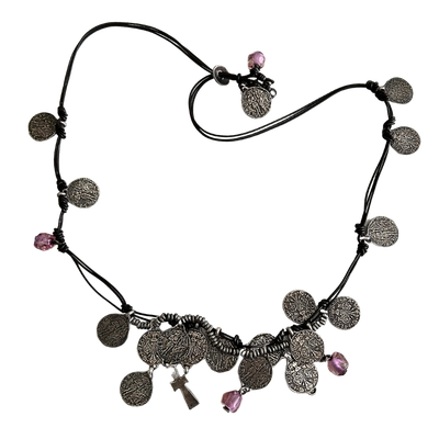 Uno De 50 Coin &amp; Knotted Leather Long Necklace