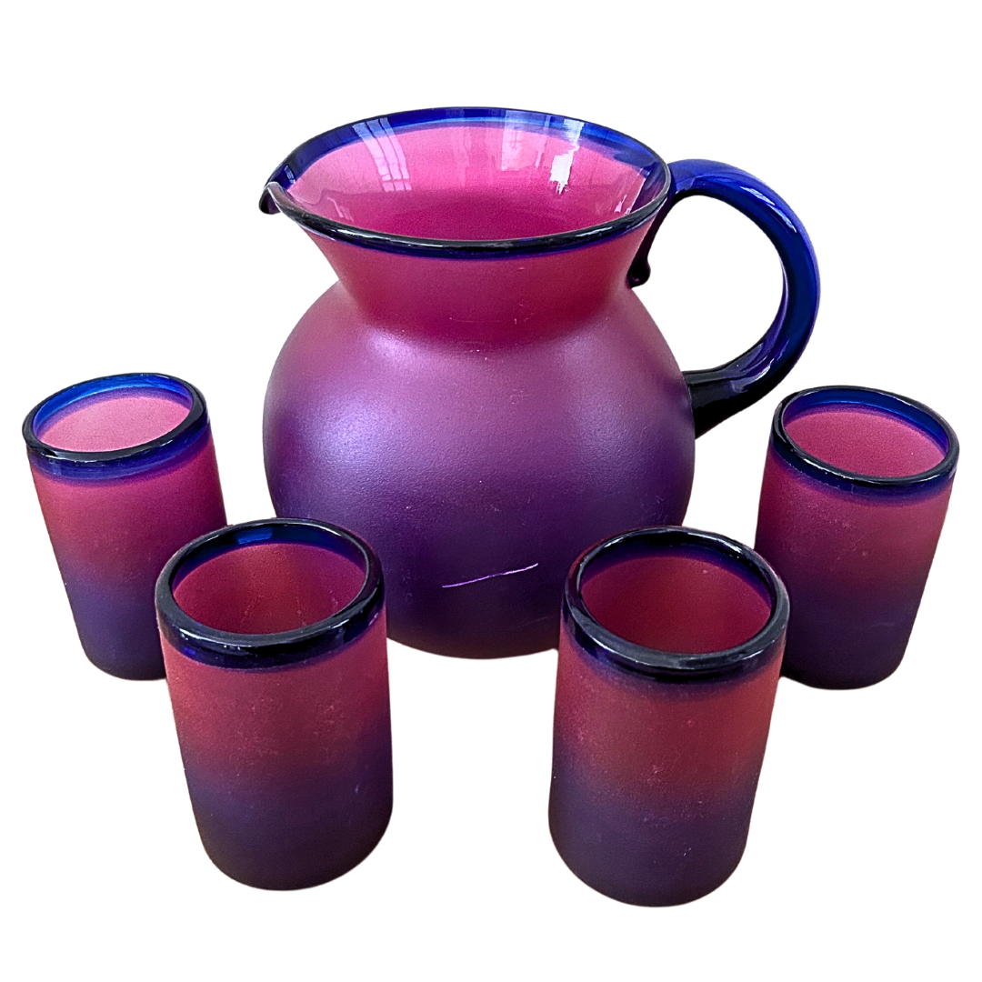 Iridescent Glass Blown Pitcher &amp; 4 Glasses Set