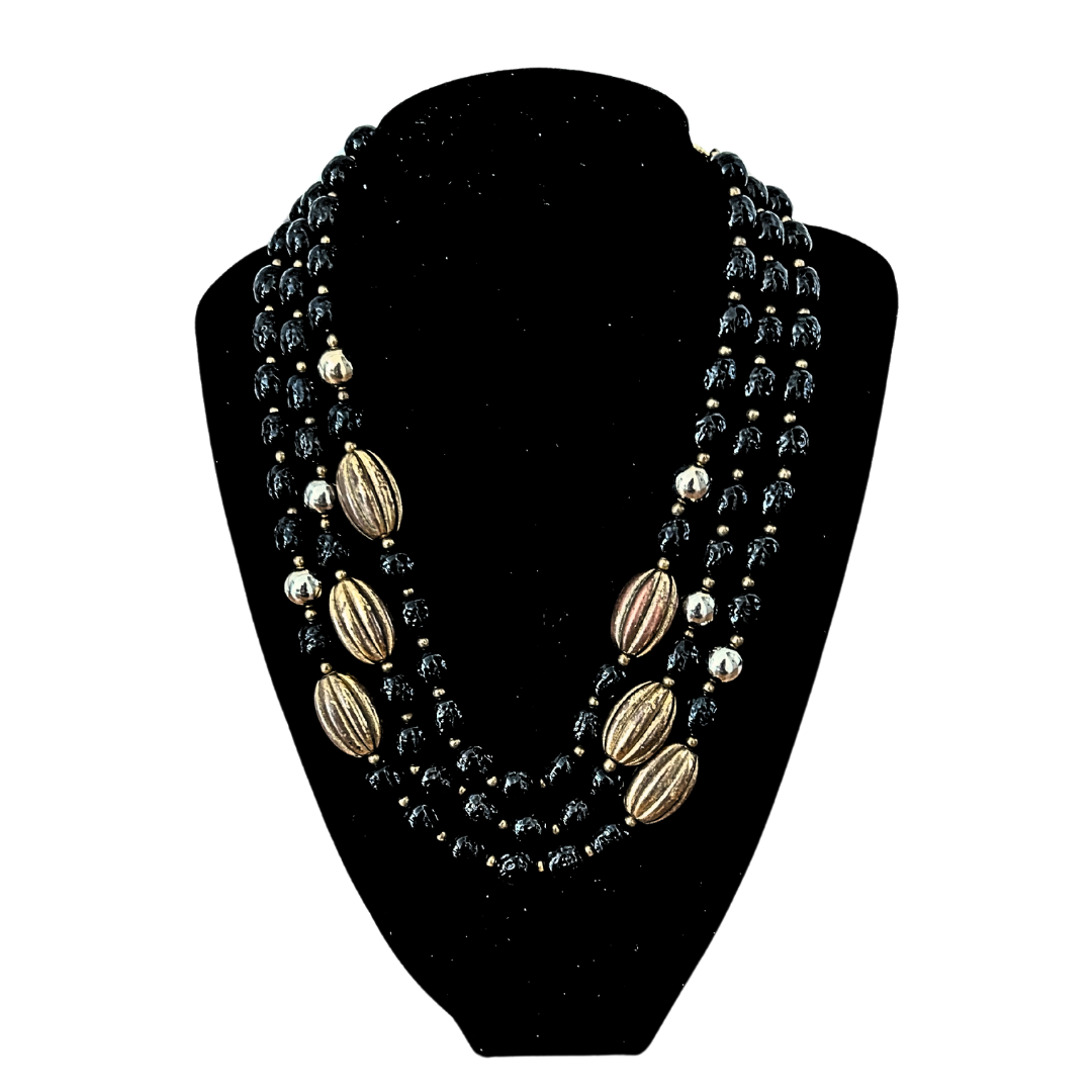 Miriam Haskell Black Beaded Triple Layered Necklace