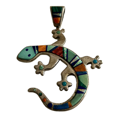 Lazuli Sterling Inlaid Gemstone Lizard Pendant