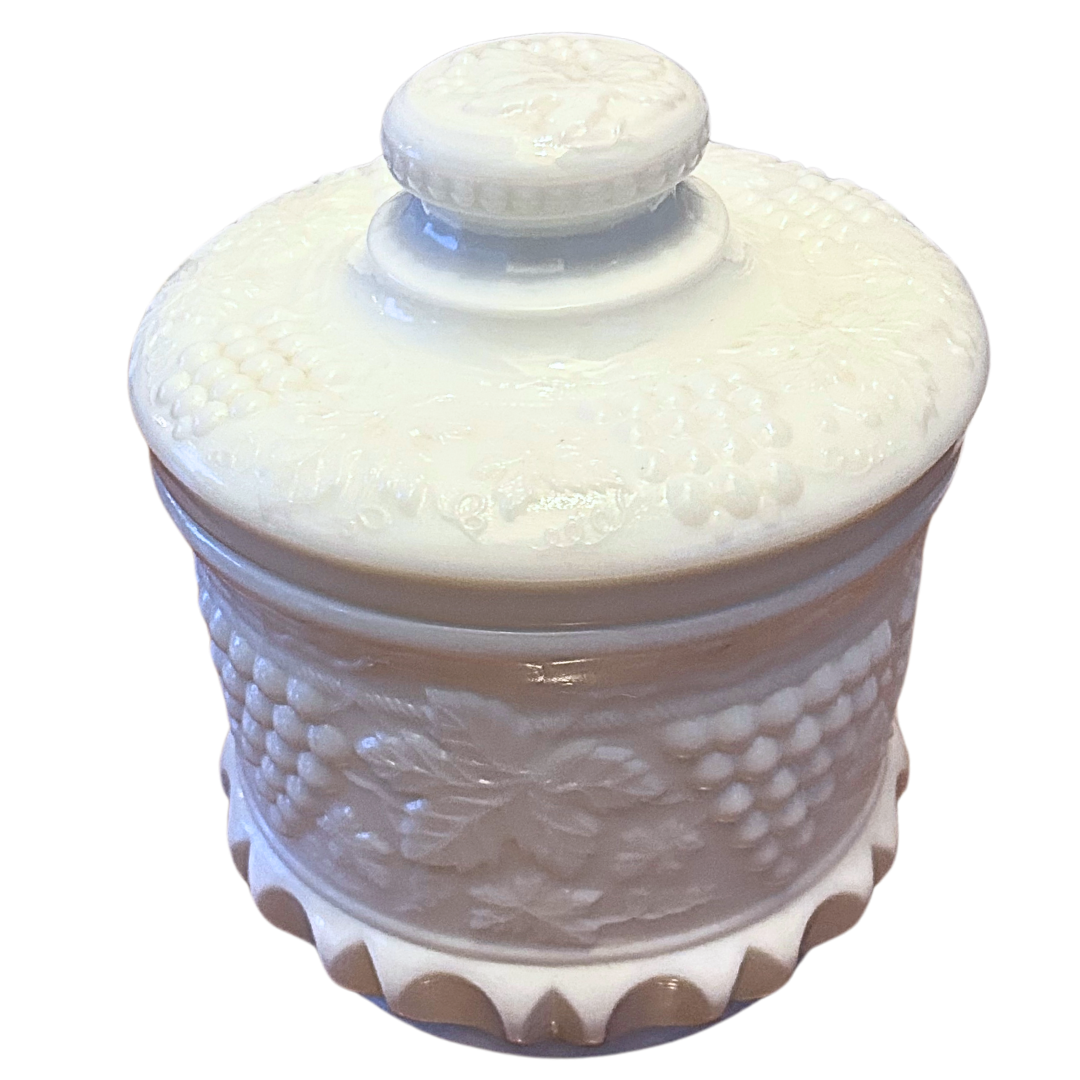 Fenton Milk Glass Tobacco Jar Grape Vine Container
