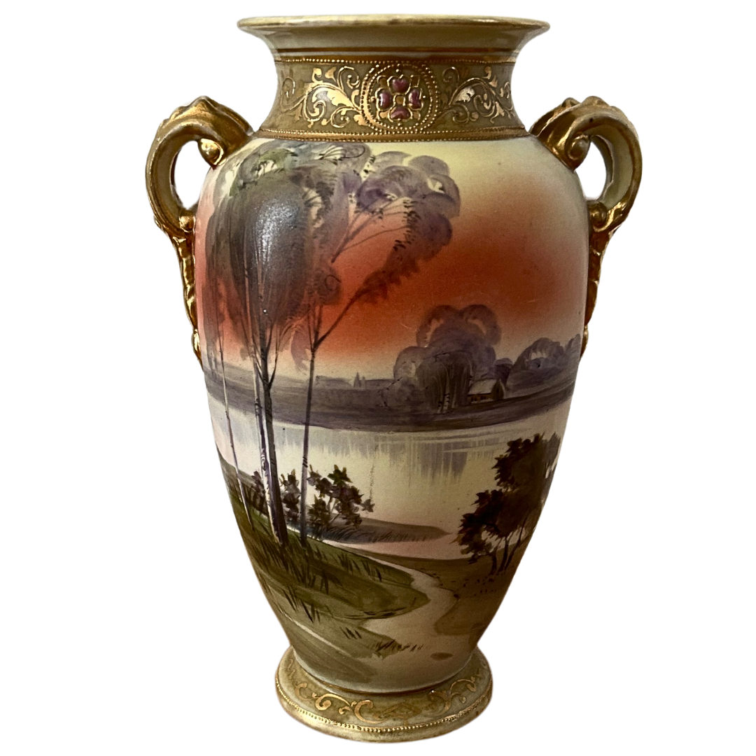 Nippon Hand Painted Double Handle Gold Trim Footed 10&quot; Vase