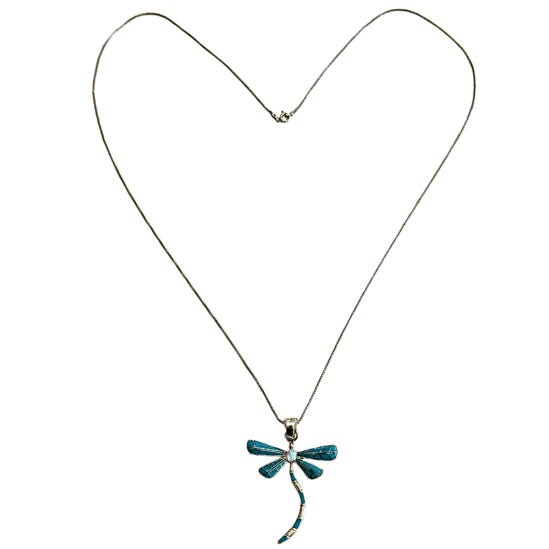 Sterling Inlaid Turquois &amp; Opal Dragonfly Pendant on 31&quot; Sterling 925 Chain Necklace