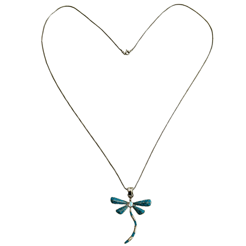 Sterling Inlaid Turquois &amp; Opal Dragonfly Pendant on 31&quot; Sterling 925 Chain Necklace